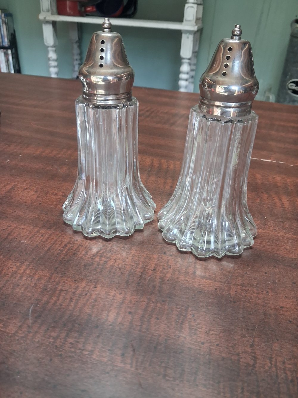 Vintage Fluted Glass Salt & Pepper Shakers w/ Silver Tops